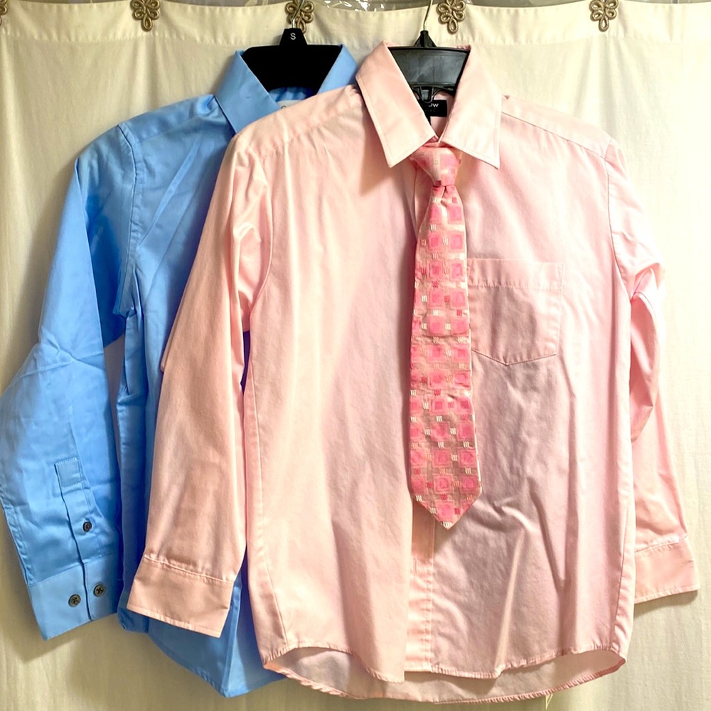 Size 10 boys long sleeve dress shirts. Pink & blue. Pink has a matching tie